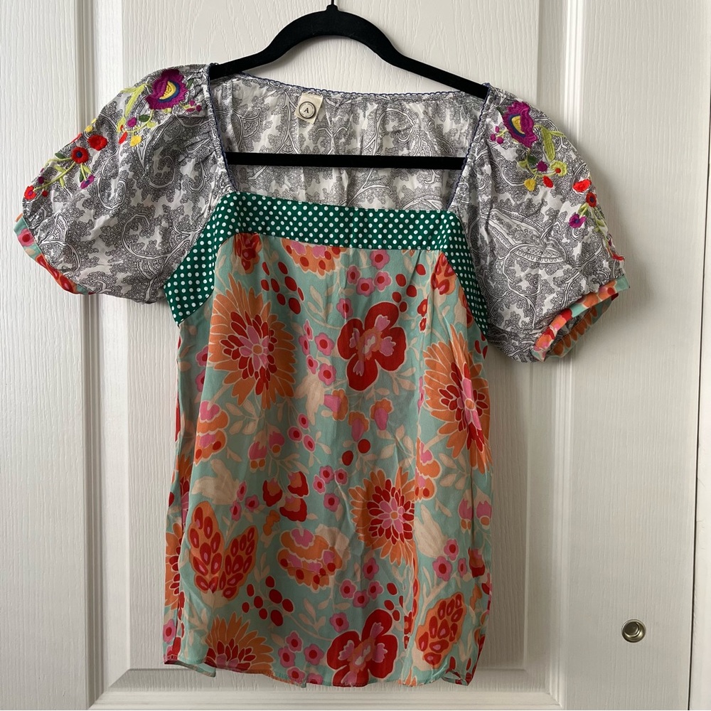 Anthropologie Archival Collection Fei Embroidered Peasant Puff Sleeve Top